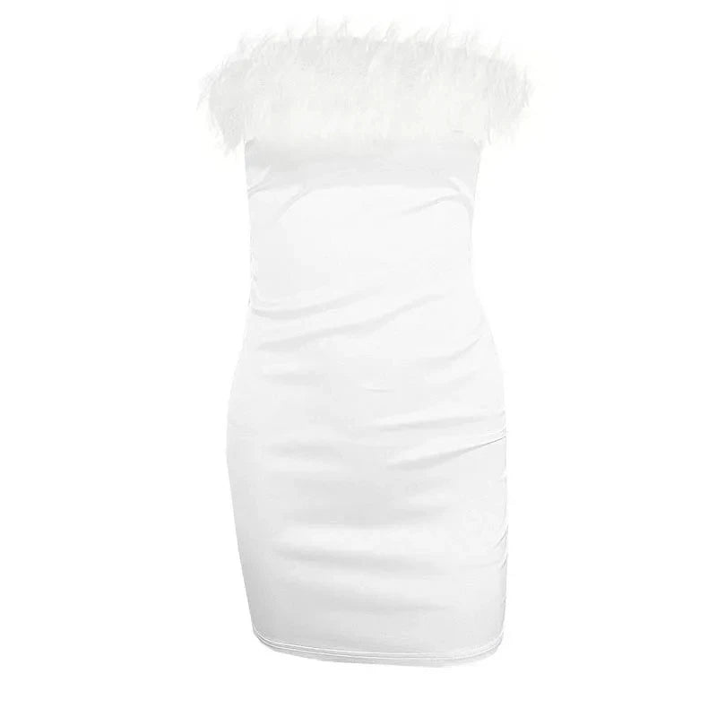 WhereMery Elegant Feather Stitching Tube Dress Autumn Evening Party Club Strapless Mini Dresses Sexy Backless Bodycon Vestidos