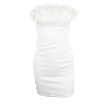 WhereMery Elegant Feather Stitching Tube Dress Autumn Evening Party Club Strapless Mini Dresses Sexy Backless Bodycon Vestidos