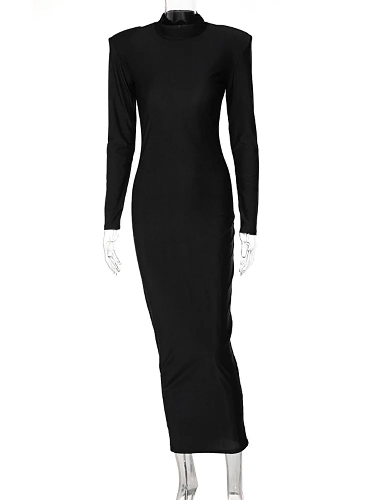 Hugcitar Solid Long Sleeve With Shoulder Pads Turtleneck Maxi Dress 2023 New Year Women Fashion Streetwear Elegant Skinny