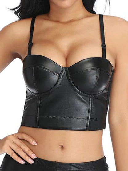 Sexy Stretch Solid PU Aspecto de cuero Bustier Crop Corset Top Party Clubwear Body Shaper