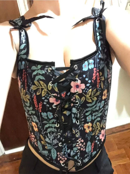 2023 mode Femme Imprimé Floral Oeillet À Lacets Devant Bandana Large Bandoulière Ourlet Récolte Top Corset