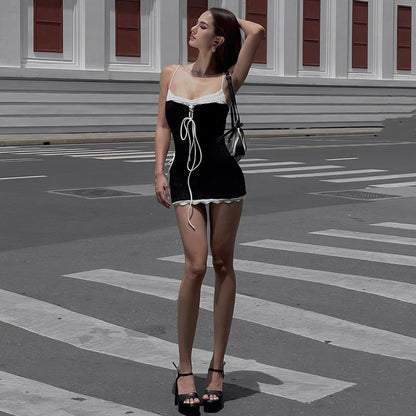 WhereMery Sexy Cross Bandage Patchwork Mini Dress Y2K Streetwear Spaghetti Straps Low-cut Dresses Summer Casual Party Vestidos