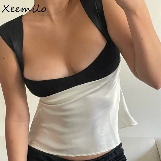 Xeemilo-Camiseta sin mangas de satén para mujer, retales sexys con Espalda descubierta, camisola ajustada, Tops cortos Y2K, ropa de fiesta de hadas para chica, camisola