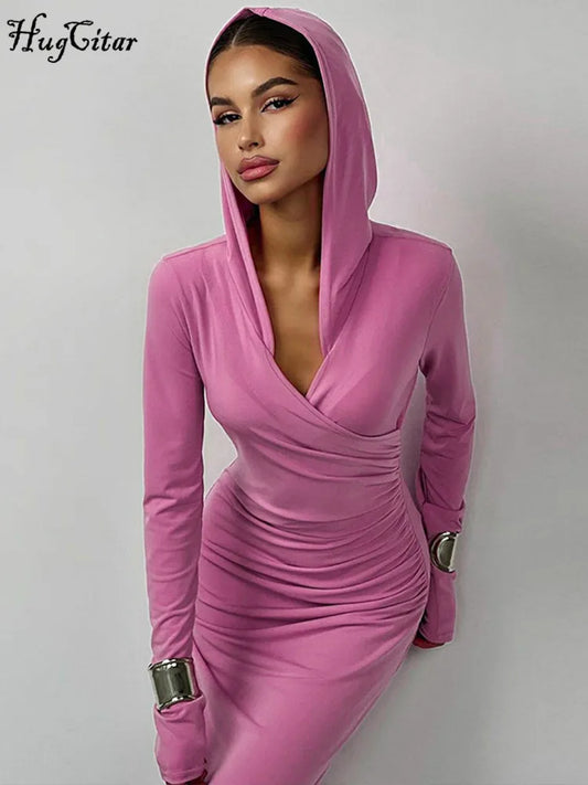 Hugcitar-sudaderas con capucha unicolor para mujer, vestido largo drapeado Sexy con cuello en V, vestido largo ajustado, moda Y2K, ropa de calle para fiesta 2023