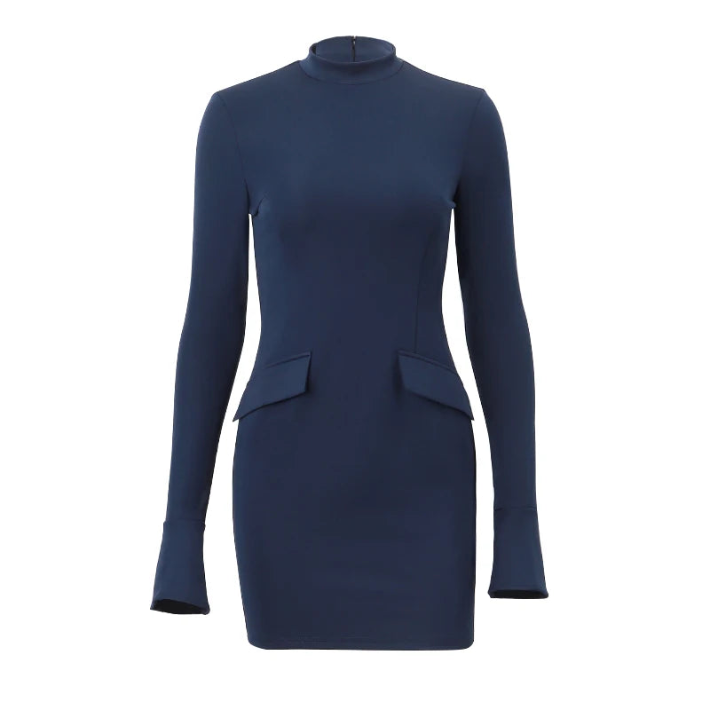 Xeemilo Autumn Long Sleeve Two Pocket Dress 2023 New Bodycon Dark Blue Mini Dresses Elegant Round Collar Evening Party Vestidos