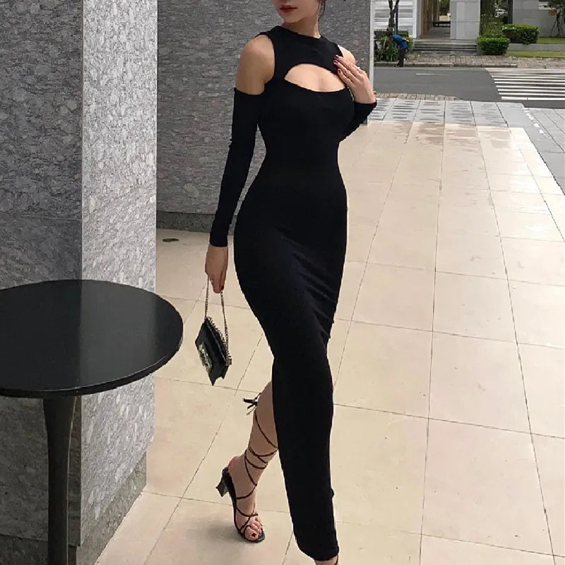 Xeemilo Elegant Hollowed Off Shoulder Maxi Dress Black Sexy Long Sleeve Split Dresses 2022 Women Slim Fitting Evening Party Robe