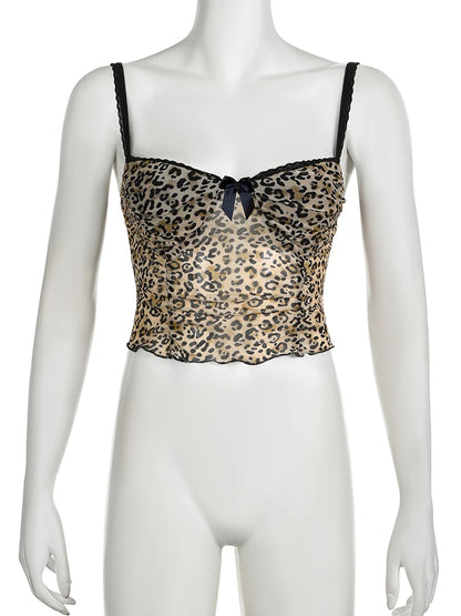 IAMSURE Holiday Sexy Leopard Printed Mesh Camis Top See Through Slim Lace Trim Slash Neck Sleeveless Tank Tops Women 2023 Summer