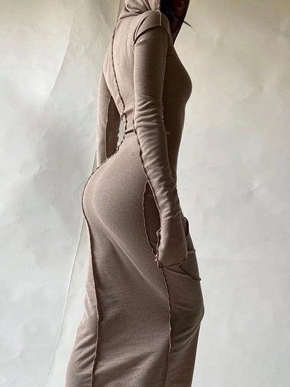 Hugcitar – robe Maxi à capuche, manches longues, Patchwork, slim, mode femme, Streetwear, tenues décontractées, automne hiver 2021