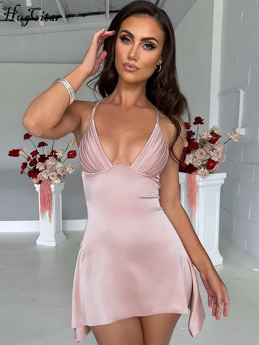 Hugcitar Stain Sleeveless Slips Folds Elegant Sexy Slim Y2K Mini Prom Dress Cute 2023 Summer Women Casual Wedding Party Outfit