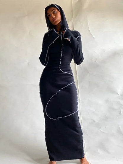 Hugcitar – robe Maxi à capuche, manches longues, Patchwork, slim, mode femme, Streetwear, tenues décontractées, automne hiver 2021