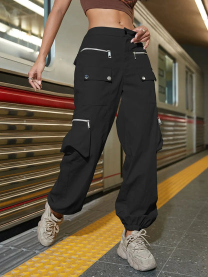 2023 moda Hip Hop Street bolsillo con solapa sólido detalle de cremallera cintura elástica pantalones Cargo pantalones casuales Joggers