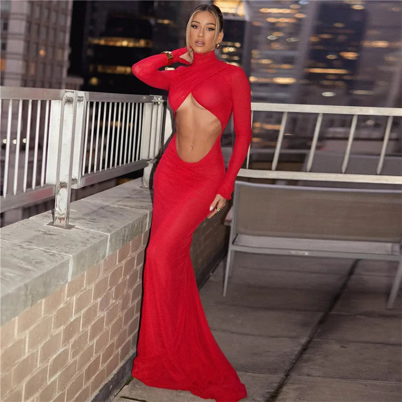 Cryptographic Elegant Red Cut Out Maxi Dress for Women Party Club Outfits Long Sleeve Ruched Sexy Backless Gown Birthday Dresses