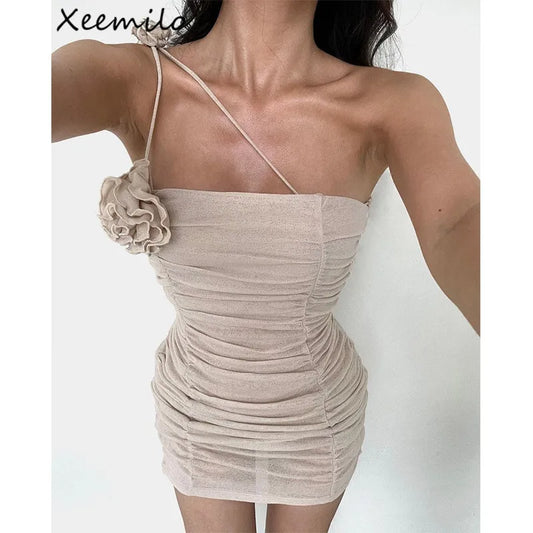 Xeemilo Vintage Mesh Pleated Dress Aesthetic Flower Oblique Collar Off Shoulder Mini Dresses Summer New Party Backless Vestidos