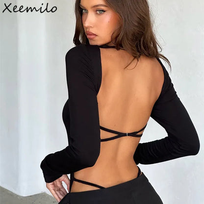 Xeemilo – body dos nu, Lingerie Sexy, couleur unie, col carré, manches longues, corsage fantaisie, boîte de nuit, automne Y2K