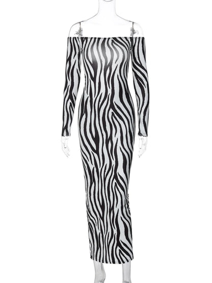 Hugcitar Striped Print Slash Neck Long Sleeve Backless Ruched Sexy Slim Maxi Dress 2023 Autumn Fashion Outfit Party Streetwear