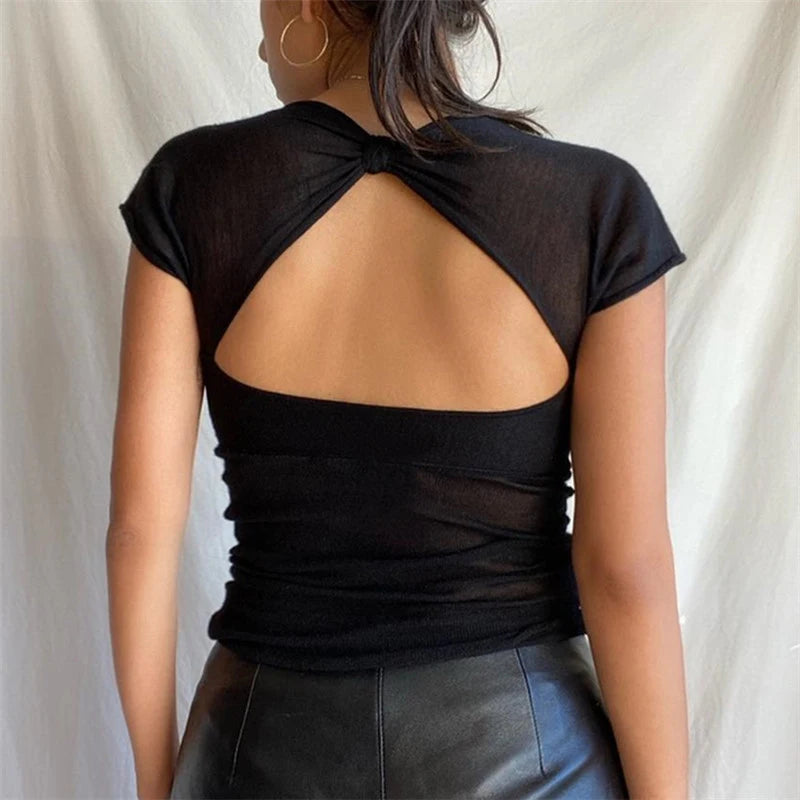 Xeemilo Sexy Square-neck Backless Black T-shirt Y2K Aesthetic Mesh Sheer Hollow Out Crop Top Summer Streetwear Short Sleeve Tees