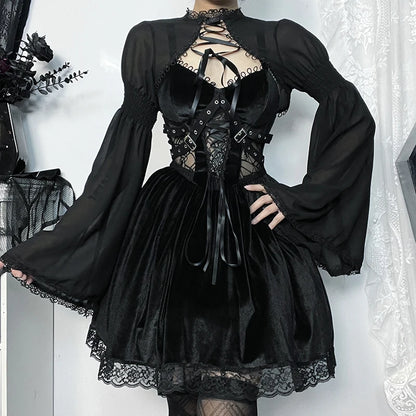 Women's Gothic Tops Trendy Party Slim Flare Design Cardigan Women Dark Gothic Bow Embellished Lace Blouse Jacket