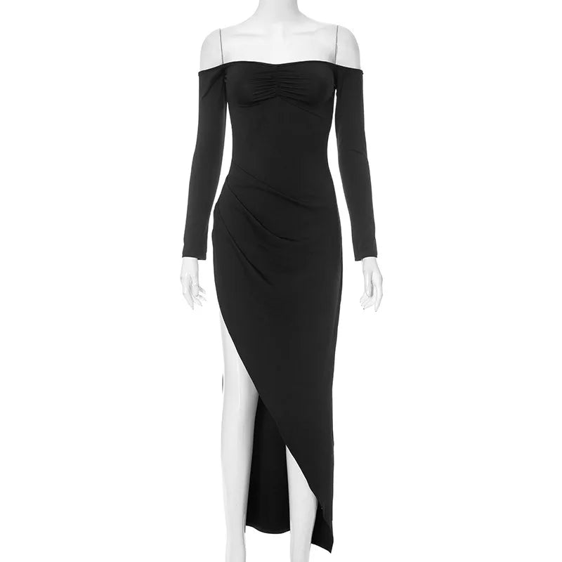 Cryptographic Asymmetric Ruched Sexy Backless Slit Maxi Dress Party Fashion Off Shoulder Dresses for Women Long Sleeve Autumn