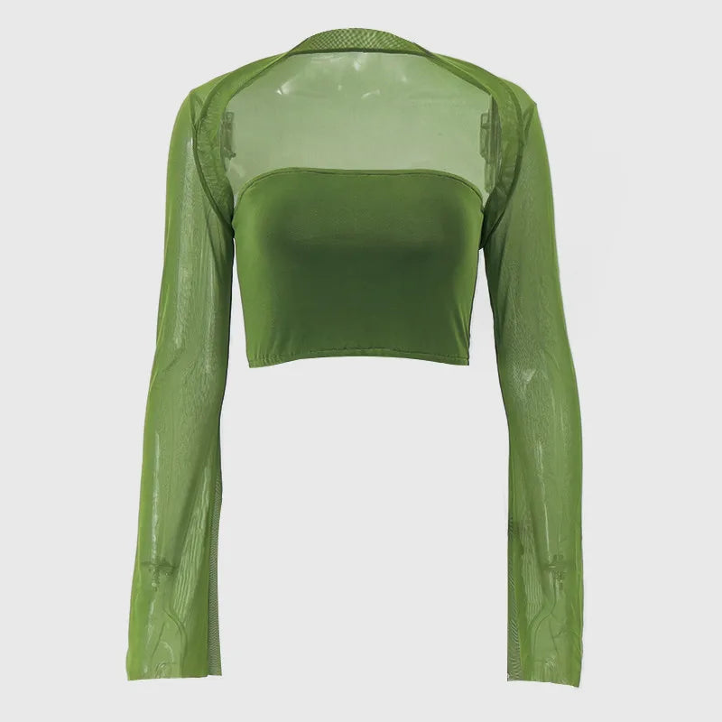 Xeemilo – ensemble 2 pièces Vintage pour femmes, débardeur vert sans bretelles avec maille transparente évasée, manches longues, châle, tenue de rue