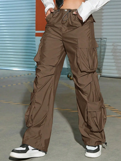 Pantalon Cargo froncé pour femmes, mode Vintage, ambiance de rue, poches à rabat, cordon de serrage, Parachute, taille haute, Streetwear, 2023