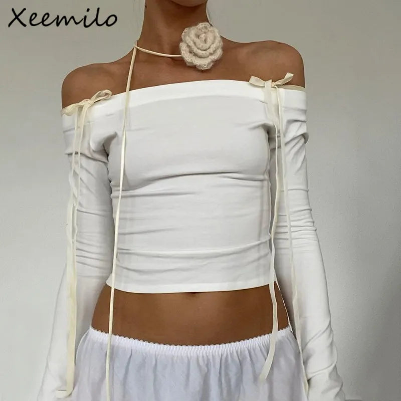 Xeemilo Casual Off Shoulder Crop Tops Y2K Solid Bow Lace Up Long Sleeve T Shirt Elegant Slash-neck Stretchy Women's T-shirt 2023