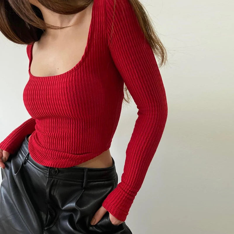 WhereMery Square Neck Long Sleeve Ribbed Knit T Shirt 2022 Women Autumn Winter Casual Crop Top Streetwear Y2K Basic Tops Tees