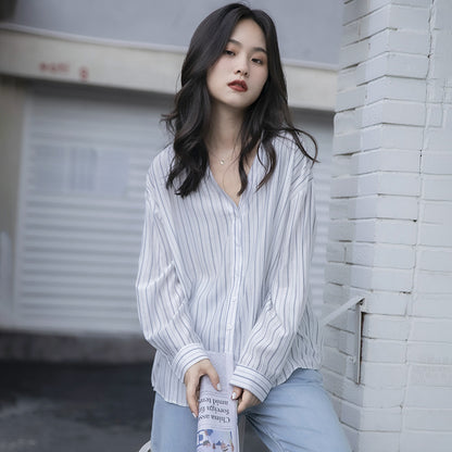 Striped Lazy Style Shirt Lapel Is Thin And Long Sleeves