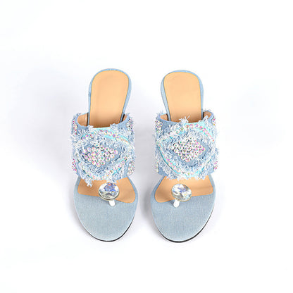 Rhinestone Round Toe Clip Toe Slip-on Metal Teeth Profiled Heel Women's High Heel Plus Size Shoes