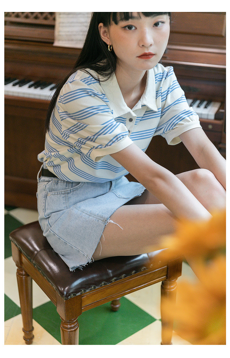 Striped Cotton Short Sleeved T Shirt Lapel Korean Style Design Loose Top