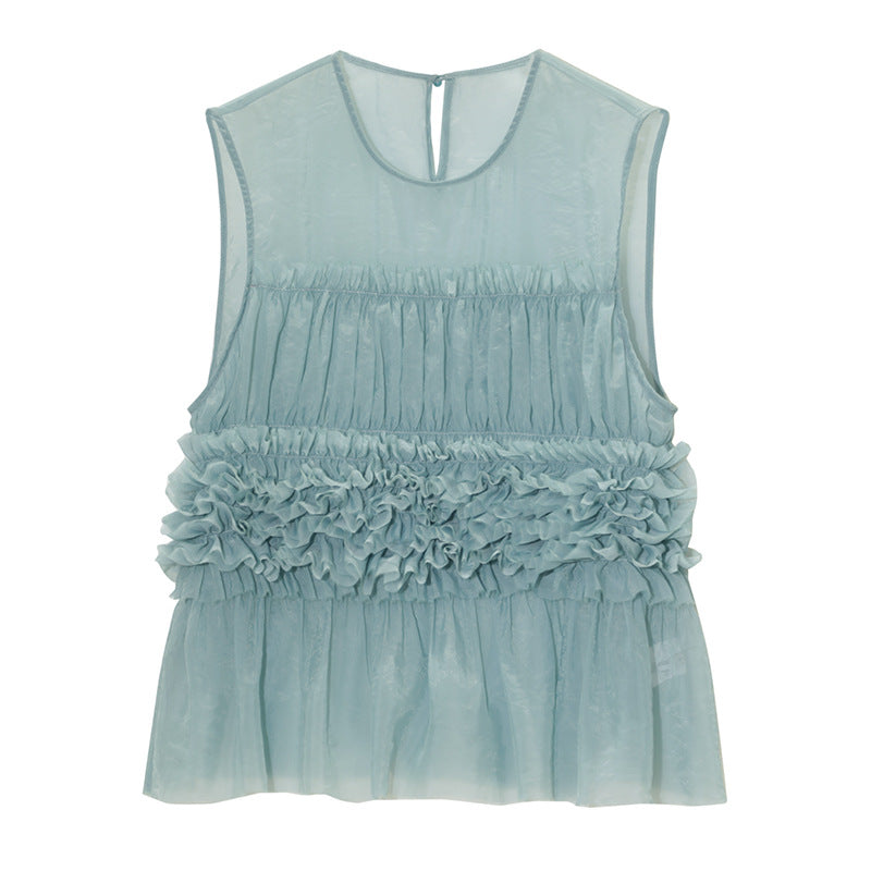 Women's Sleeveless Puffy Chiffon Top Ruffle Vest