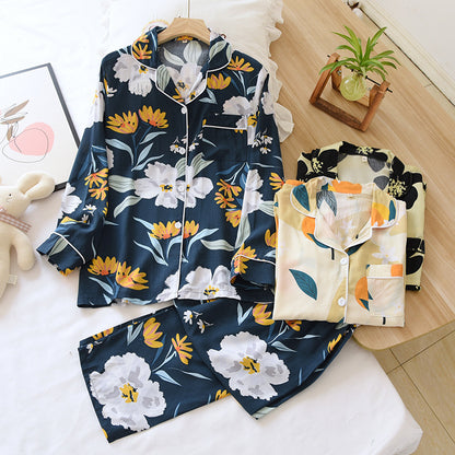 Women's Thin Two Piece Long Sleeve Cotton Silk Pajamas