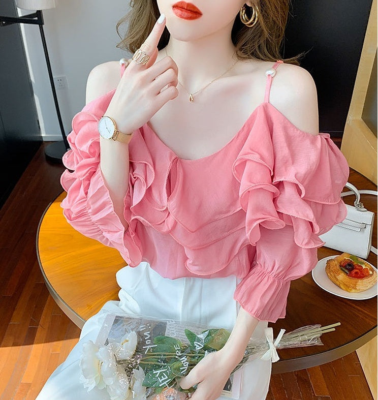 One Word Neck Chiffon Shirt Off Shoulder Ruffle Top Women's