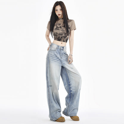 Women's Fashion Retro White Straight-leg Denim