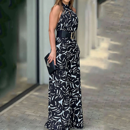 Summer Graceful And Fashionable Half Turtleneck Sleeveless Printed Hollow-out Cinched Wide Leg Jumpsuit