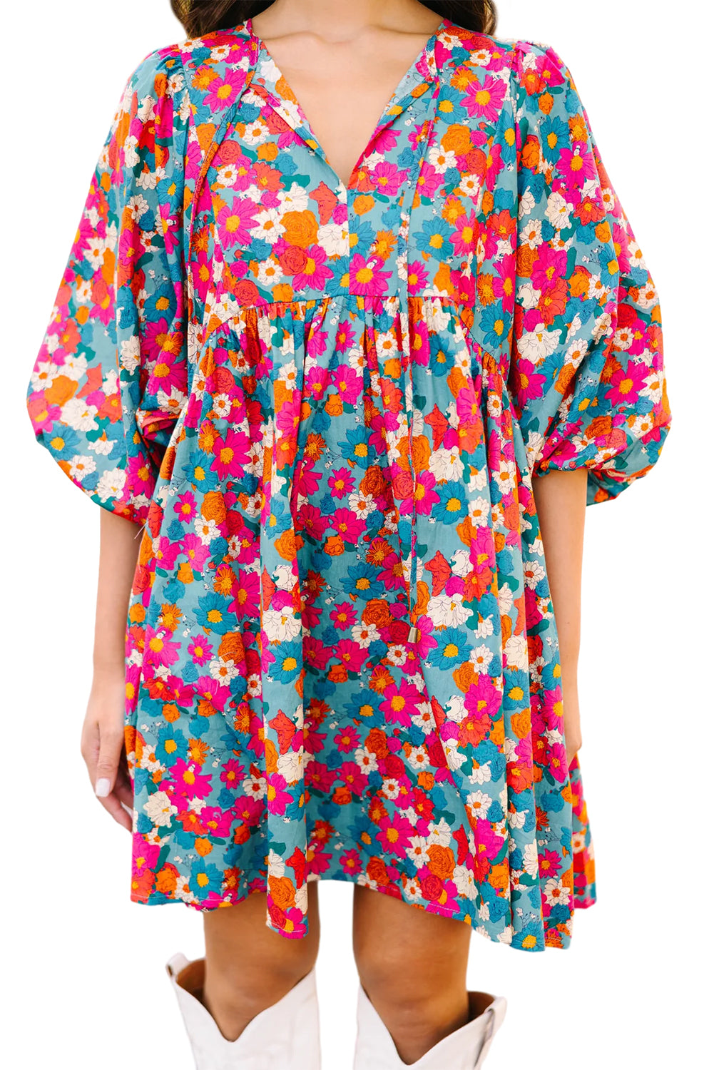 Robe nuisette bleu ciel à imprimé floral, col fendu, manches bulles