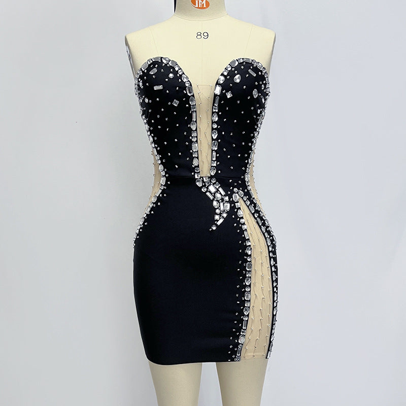 Black Tube Top Beaded Bandage Dress