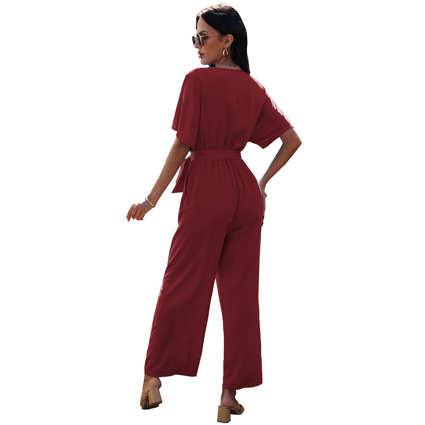 European And American V-neck Women's Tie Waist Solid Color Jumpsuit