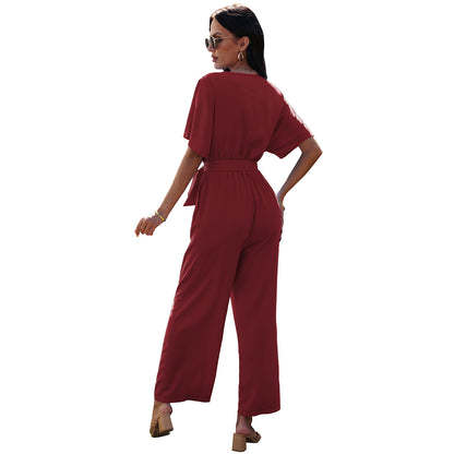 European And American V-neck Women's Tie Waist Solid Color Jumpsuit