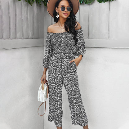 Wide Leg Pants Print Jumpsuit One Shoulder Top