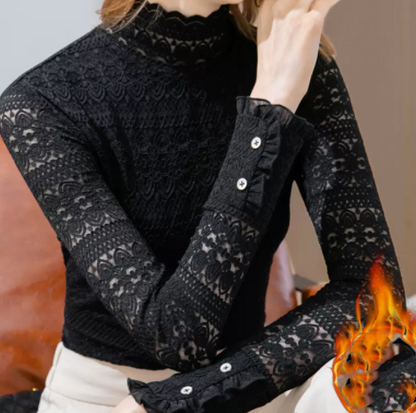 Half-high Neck Lace Bottom Blouse For Women In Autumn And Winter