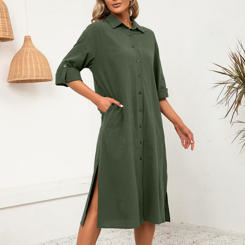 Chemise longue à simple boutonnage, manches longues, ample, ourlet décontracté, fente, pour femmes