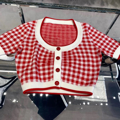 Women's Red And White Check Contrast Knitted Cardigan Coat