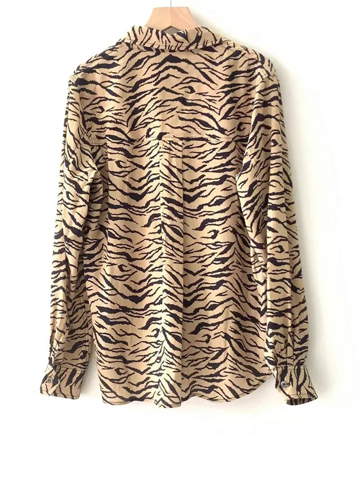 French Women's Early Autumn Tiger Pattern Pocket Long-sleeved Shirt