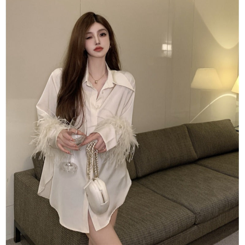 Women's Fashion Mid-length Satin Shirt With Ostrich Fur Cuffs