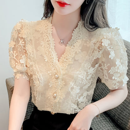 Lace Shirt Three-dimensional Flower V-Neck Puff Sleeve