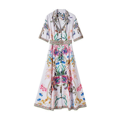 Suit Collar Fashion Printed Lace-up Waist-controlled Large Hem Long Dress