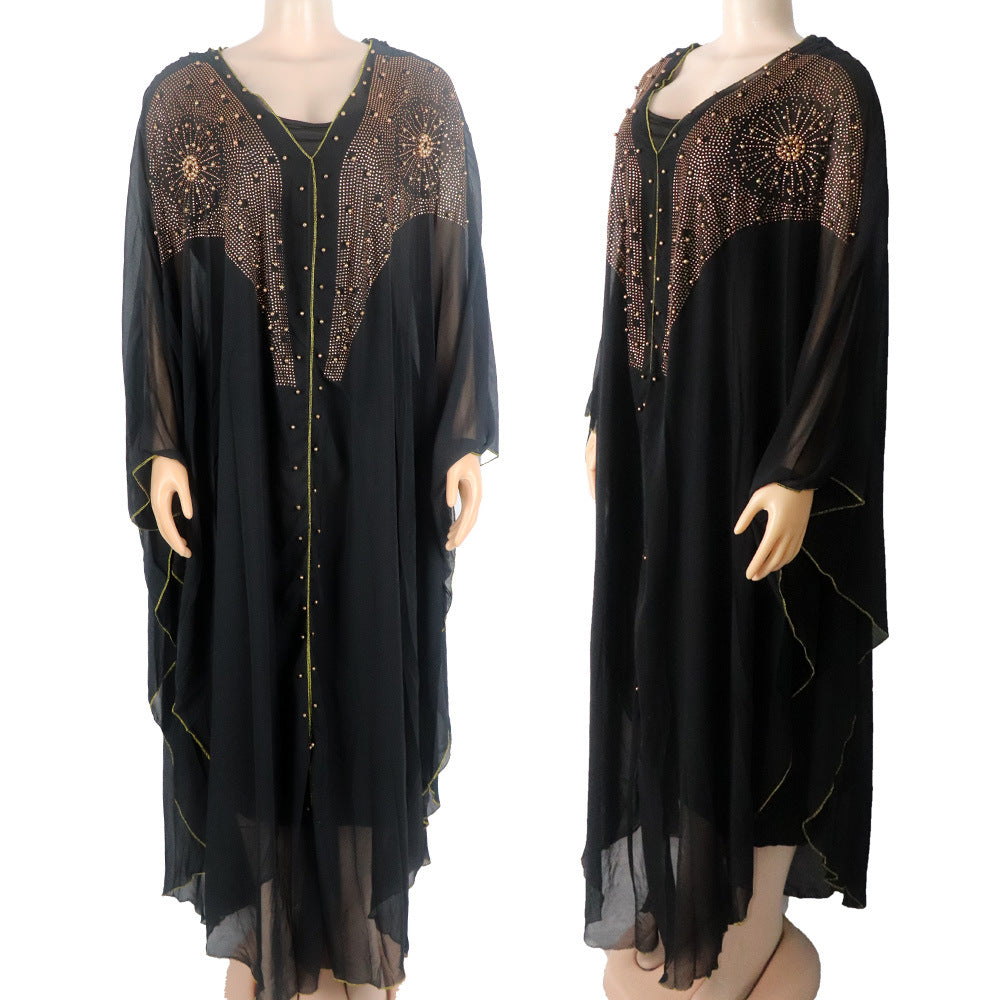 Women's Fashionable Elegant V-neck Chiffon Rhinestone Gun Beads Batwing Sleeve Dress