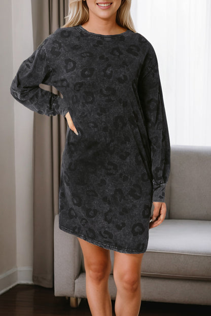 Gray Leopard Pocketed Puff Sleeve Mini Dress