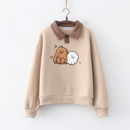 Japanese College Style Cartoon Wool Dog Fleece-lined Thickened Pullover Long Sleeve Sweater