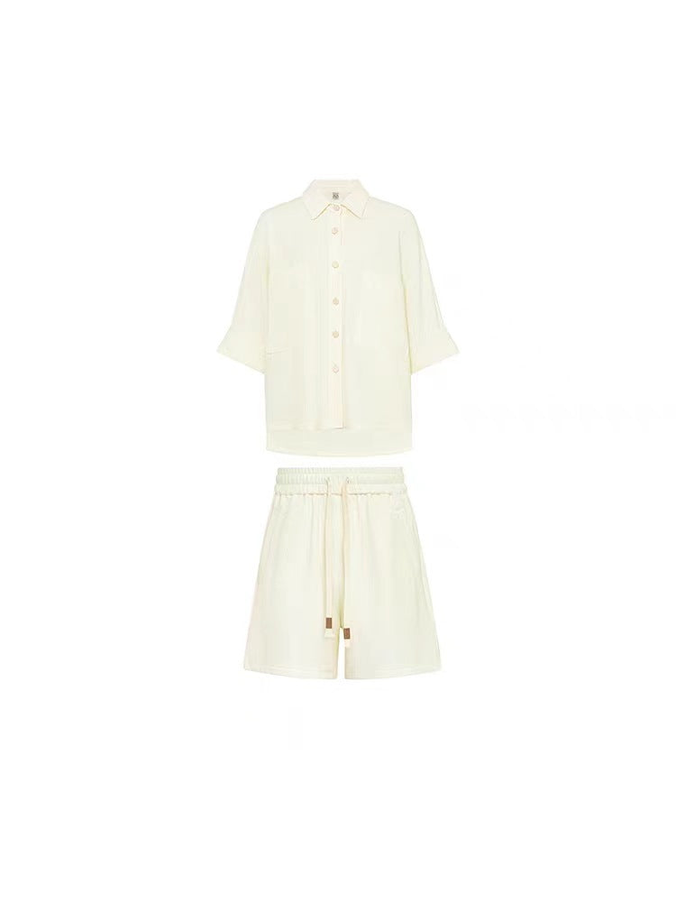 Cotton Large Pocket Shirt With Elastic Waist And Wide Leg Shorts